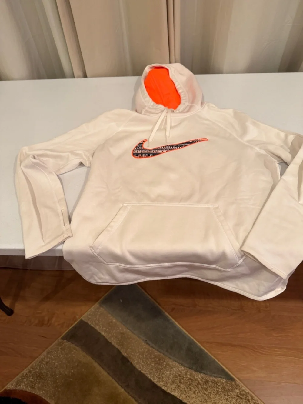 Nike White Hoodie with Bright Orange Hood Lining and Orange-Trim Swoosh - Picture 1 of 2